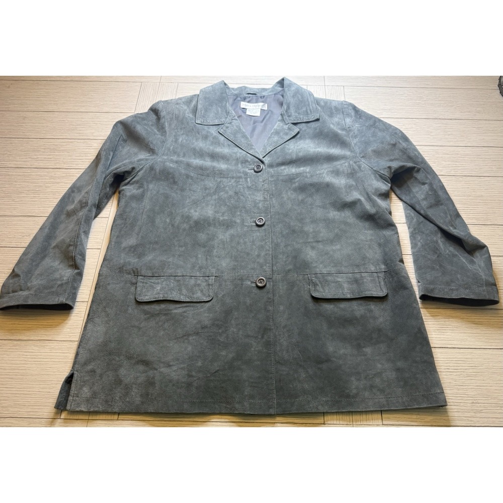 Jessica Holbrook Leather Suede Women's 1X Blue Gray Mid Length Lined Blazer‎